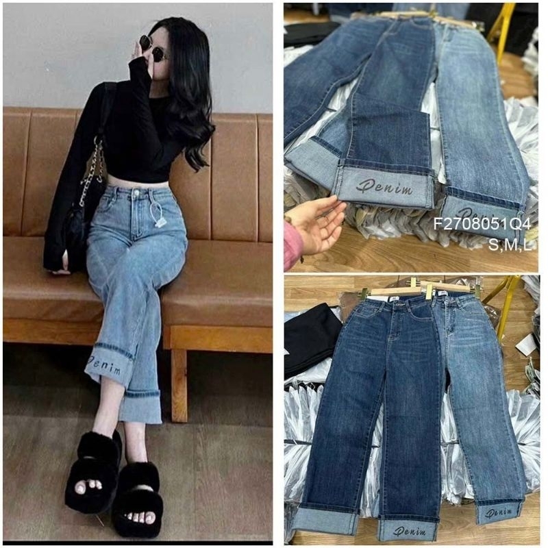 Quần jean đen ống suông lai thêu chữ 3108