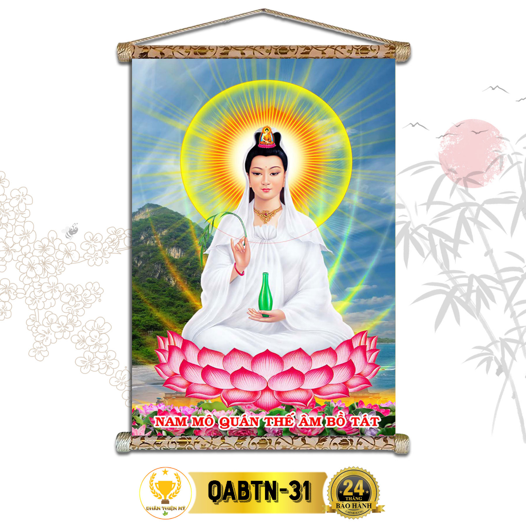 Tranh Phật Treo Tường Quan Thế Âm Bồ Tát Ngồi CHÂN THIỆN MỸ, Chất Liệu Vải Lụa Kim Sa Khung Gỗ 40x60cm QABTN-31