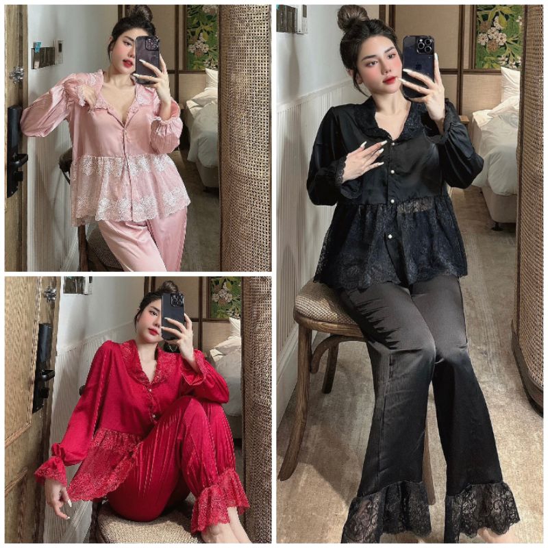Đồ bộ pyjama nữ mặc nhà - Mẫu tiểu thư tay dài quần dài nút ngọc viền ren siêu sang