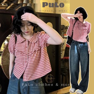 SĂN Áo babydoll caro đỏ cổ sen bèo ngực tay bồng A105