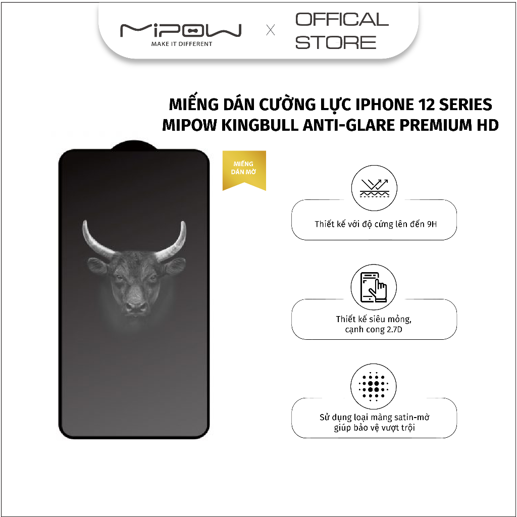 Miếng Dán Cường Lực Mờ MIPOW KINGBULL ANTI-GLARE PREMIUM HD (2.7D) IPHONE 12 Series