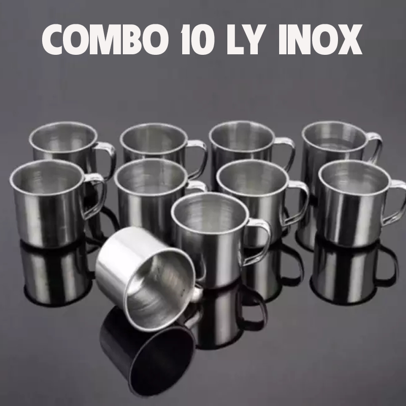 Combo 10 Ly inox có quai uống nước. Ca làm đá có quai bằng inox