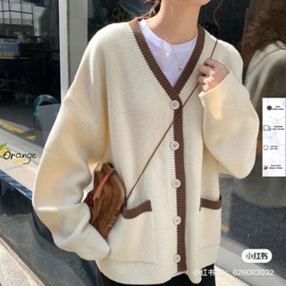 Áo Khoác Cadigan Dáng Rộng Tay Dài Loại Dệt Kim Màu Sắc Tương Phản Cổ Chữ V Thời Trang Cho Nữ Orangecloset