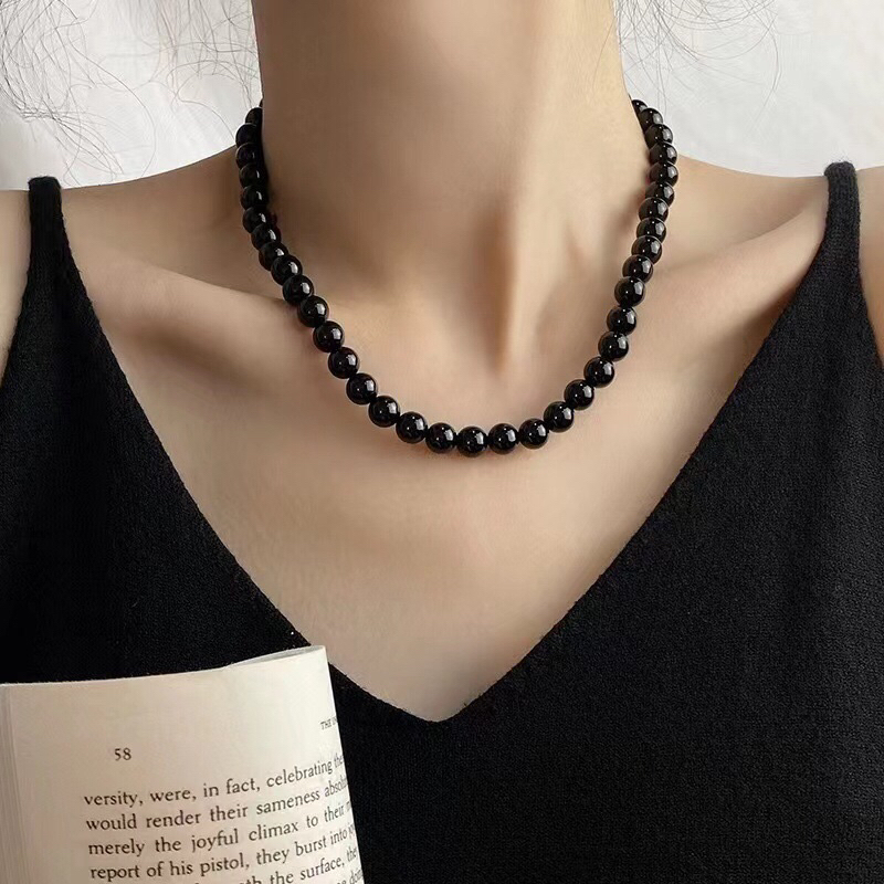 Vòng cổ chuỗi hạt đen size 10mm phong cách thời trang thanh lịch cho nam nữ
