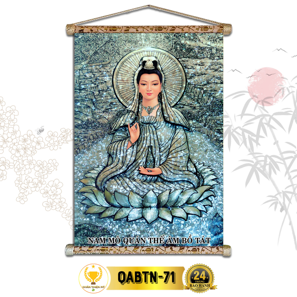 Tranh Phật Treo Tường Quan Thế Âm Bồ Tát Ngồi CHÂN THIỆN MỸ, Chất Liệu Vải Lụa Kim Sa Khung Gỗ 40x60cm QABTN-71