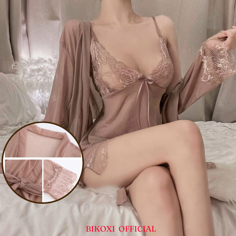 Sét Váy Ngủ 2 Dây Bikoxi Phối Ren Cao Cấp Kèm Áo Choàng