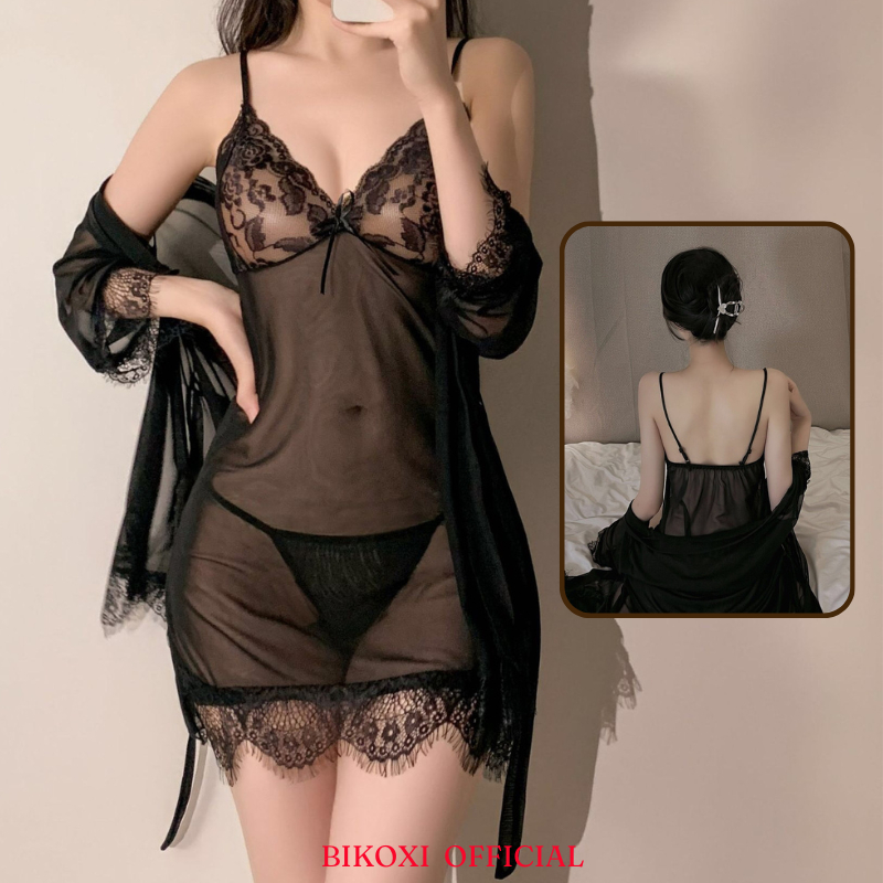Sét Váy Ngủ 2 Dây Bikoxi Phối Ren Cao Cấp Kèm Áo Choàng