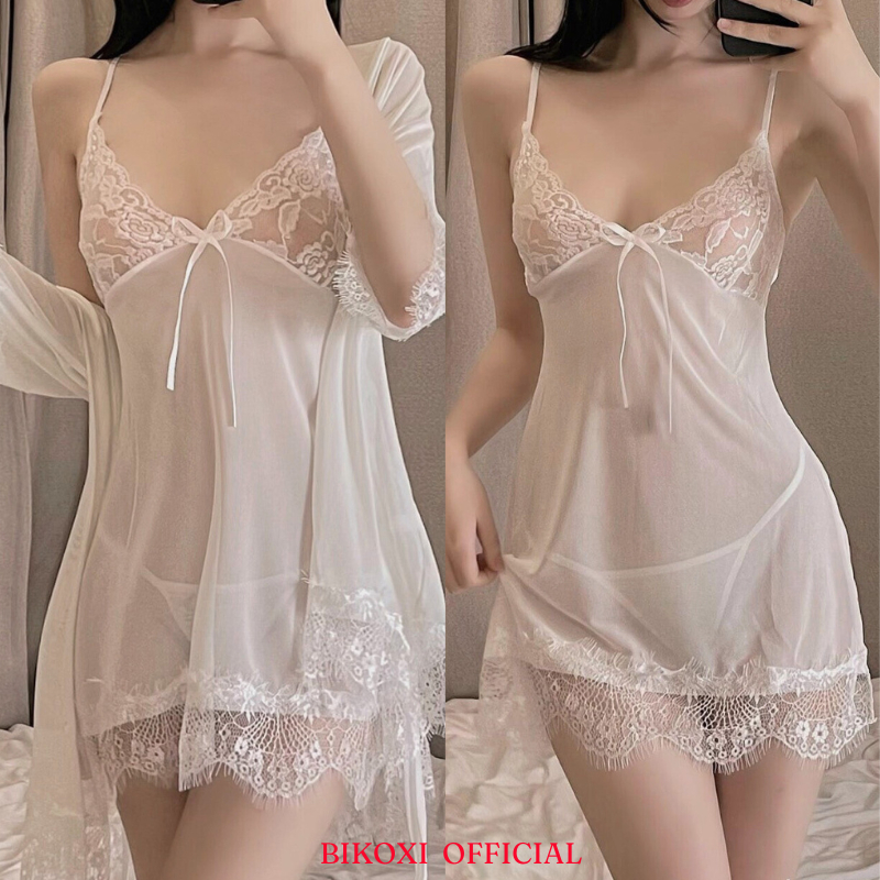 Sét Váy Ngủ 2 Dây Bikoxi Phối Ren Cao Cấp Kèm Áo Choàng