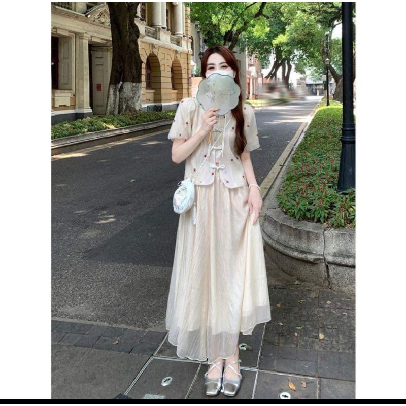 Set áo ngắn tay cài nút mix chân váy tơ phong cách trung hoa siêu siêu hot hit