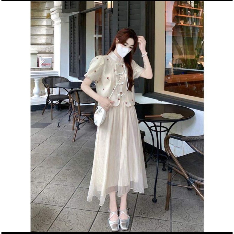 Set áo ngắn tay cài nút mix chân váy tơ phong cách trung hoa siêu siêu hot hit