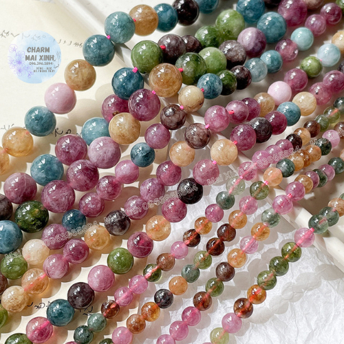 Chuỗi Đá Mã Não Hạt Tròn & Dẹt Bánh Xe Màu Tourmaline - 4mm 6mm 8mm 10mm - Hạt Xâu Charm Phối Vòng Tay Phong Thủy Nam Nữ