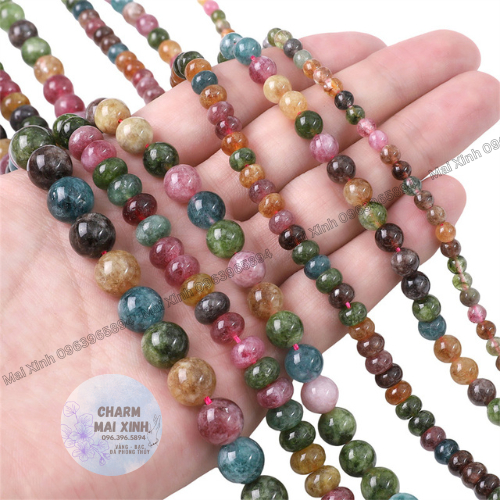 Chuỗi Đá Mã Não Hạt Tròn & Dẹt Bánh Xe Màu Tourmaline - 4mm 6mm 8mm 10mm - Hạt Xâu Charm Phối Vòng Tay Phong Thủy Nam Nữ