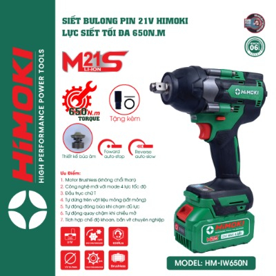Máy Siết bulong Himoki 650N HM-IW650N Không Chổi Than - chân pin phổ thông lõi đồng 100%