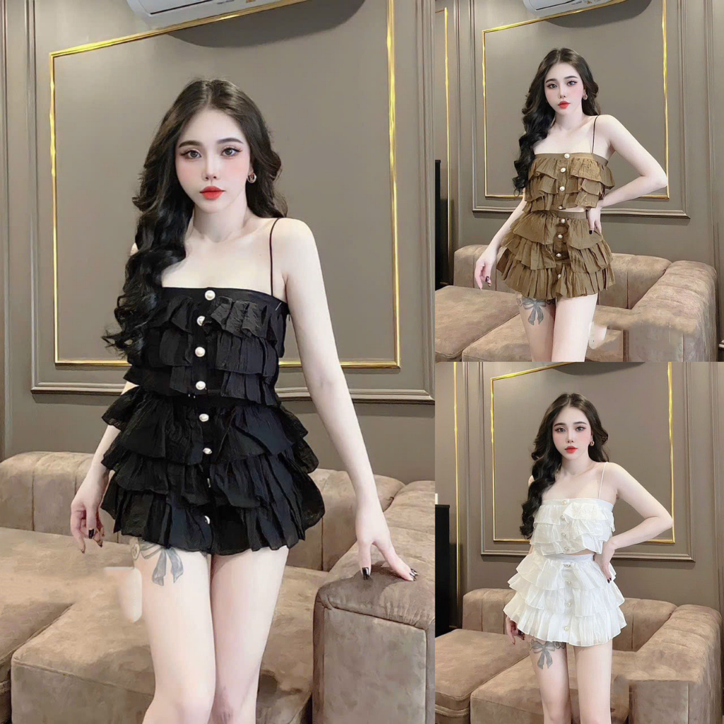 Sét Váy Xếp Tầng Gân Tơ Xước Áo 2 Dây Bèo Xếp Tầng Đính Cườm Sam Closet Phù Hợp Để Tới Công Sở, Đi Làm Hoặc Đi Chơi.