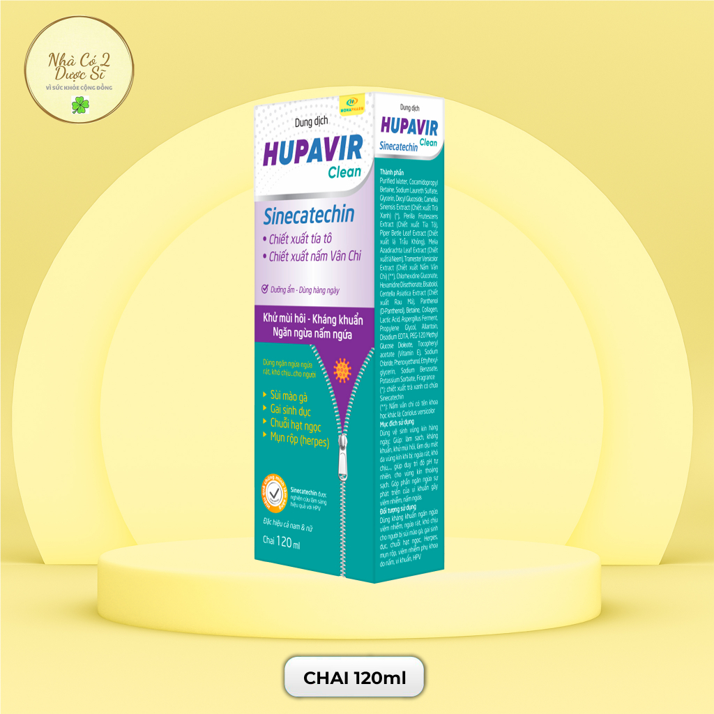 Dung dịch vệ sinh Hupavir Sinecatechin Clean 120ml hỗ trợ Sùi mào gà, gai, herpes rửa hàng ngày cho cả nam và nữ