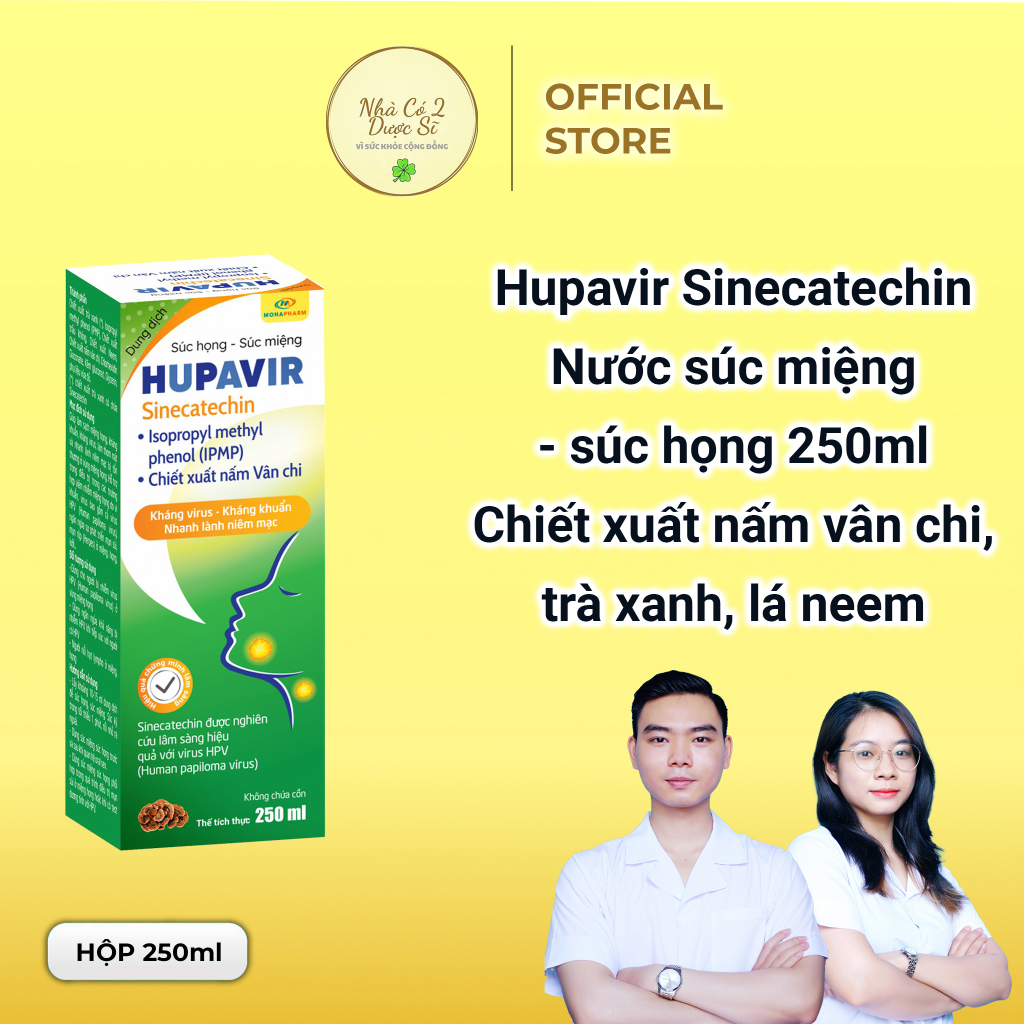 Nước súc miệng súc họng Hupavir 250ml chiết xuất nấm vân chi, trà xanh, lá neem hỗ trợ sùi, hạt lympho cho cả nam và nữ