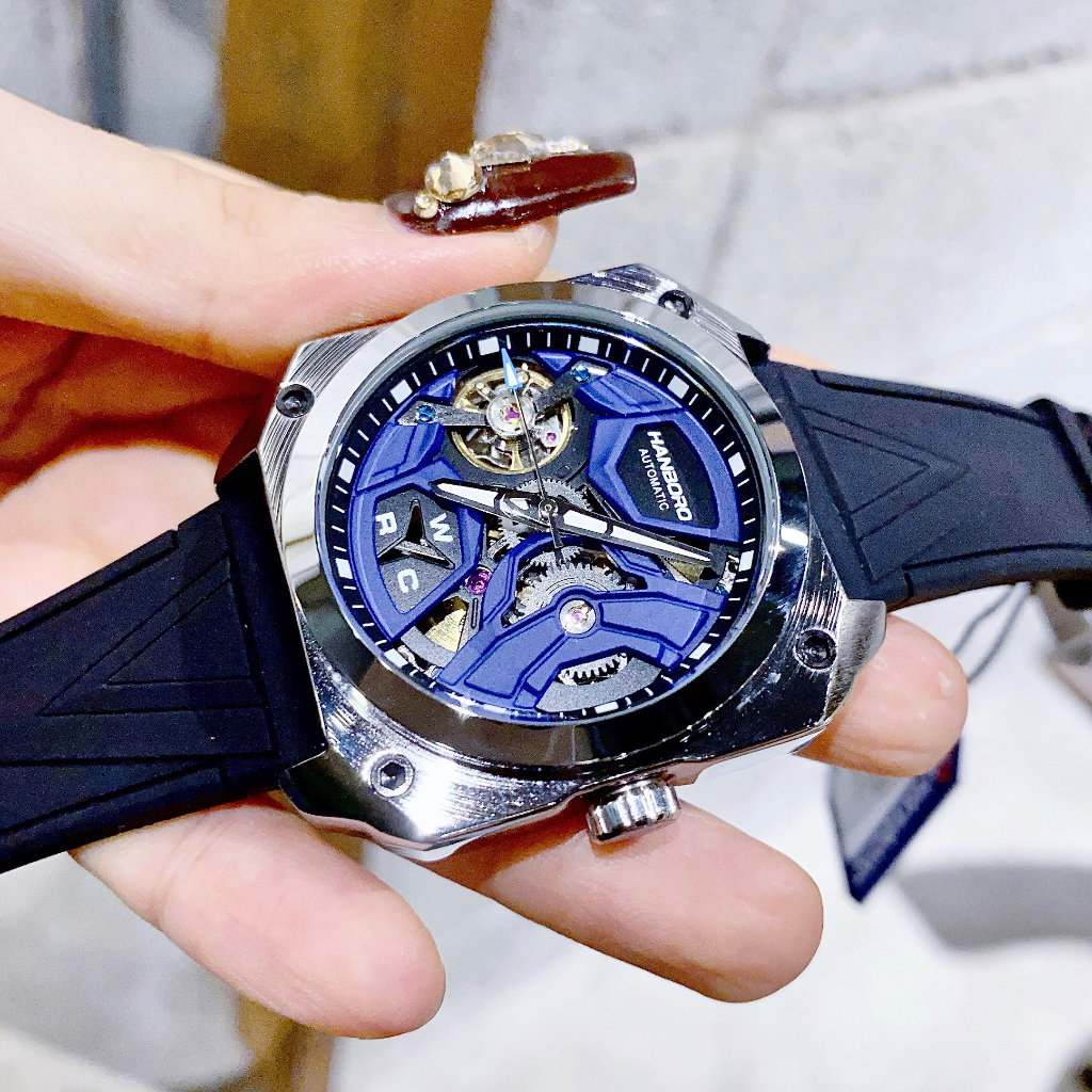 Đồng hồ nam Hanboro HBR-3870 Automatic For Men, Size 40x48mm, dây cao su, Authentic, Full box, Luxury Diamond Watch