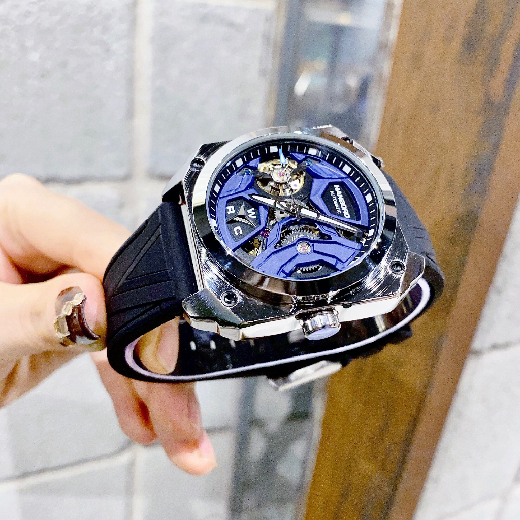 Đồng hồ nam Hanboro HBR-3870 Automatic For Men, Size 40x48mm, dây cao su, Authentic, Full box, Luxury Diamond Watch
