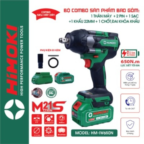 Máy Siết bulong Himoki 650N HM-IW650N Không Chổi Than - chân pin phổ thông lõi đồng 100%- HTB