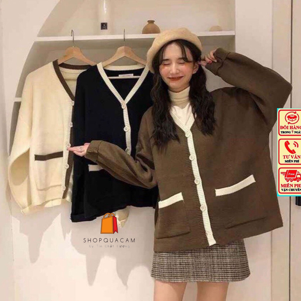 Cardigan Nữ Phom Rộng 2 Túi Phối Viền Tay Dài Cổ V Dễ Phối Đồ Hàng Qccc Kiểu Dáng Basic Phong Cách Hàn Quốc Shopquacam