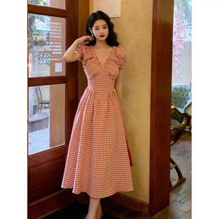 đầm cổ chữ V tay ngắn kẻ sọc caro dễ thương ( thời trang bigsize vicky.g anitagreen) N923