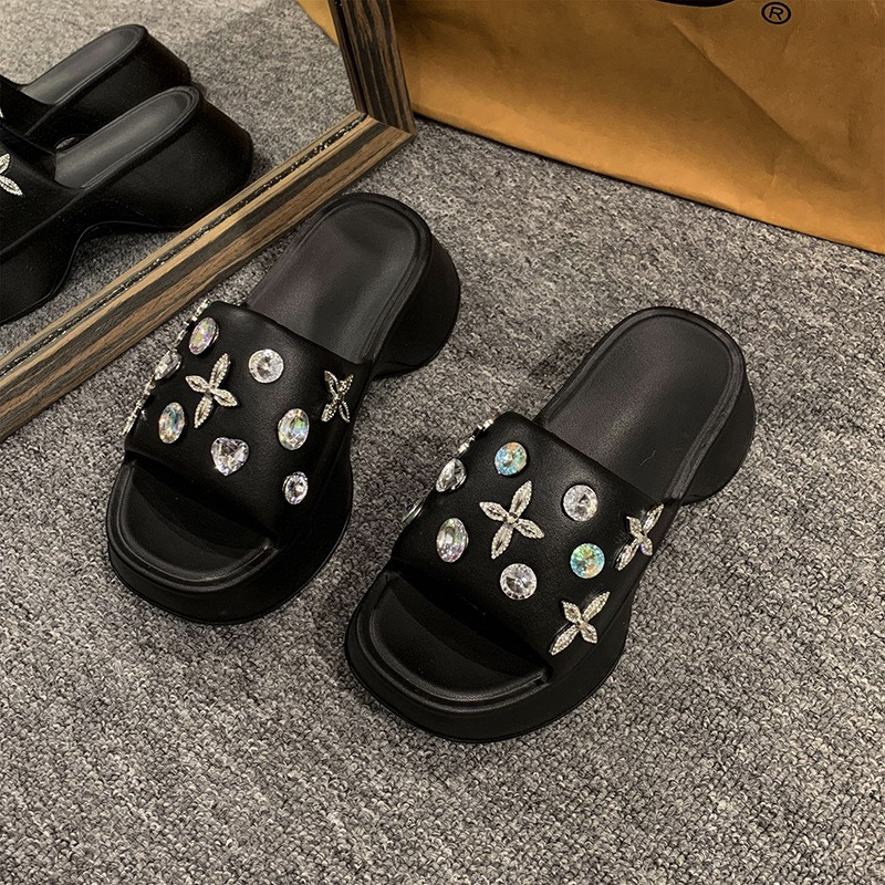 Dép Lê Nữ Đế Dày Mũi Vuông Đính Đá Nhiều Màu Sắc Thời Trang