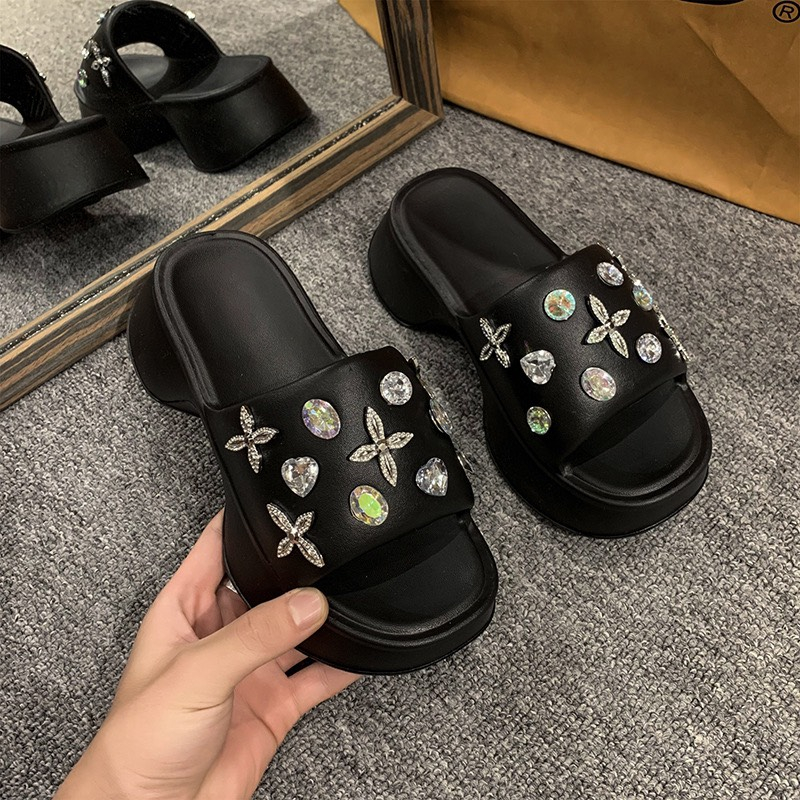 Dép Lê Nữ Đế Dày Mũi Vuông Đính Đá Nhiều Màu Sắc Thời Trang