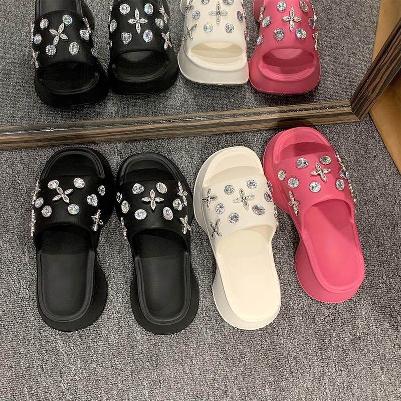 Dép Lê Nữ Đế Dày Mũi Vuông Đính Đá Nhiều Màu Sắc Thời Trang