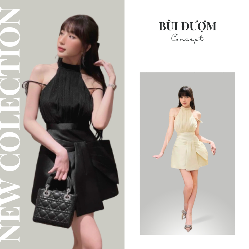 Váy đầm nữ hot trend 2023 dự tiệc tiểu thư đoan trang Bùi Đượm Concept, Đầm Tiệc Cổ Yếm Dáng Ngắn Cúp Ngực Tiểu Thư
