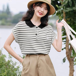 Áo thun tay hến polo dệt kim nữ kiểu cánh dơi cổ bẻ len mongtoghi kẻ ngang dáng rộng phong cách ulzzang Hàn Quốc