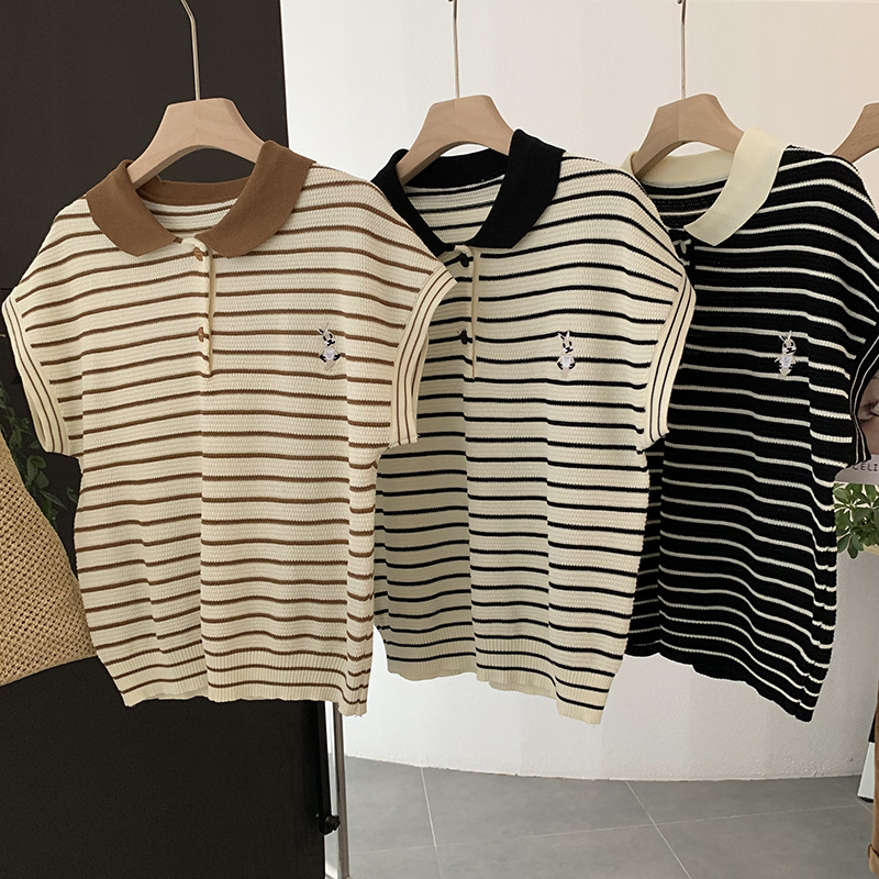 Áo thun tay hến polo dệt kim nữ kiểu cánh dơi cổ bẻ len mongtoghi kẻ ngang dáng rộng phong cách ulzzang Hàn Quốc