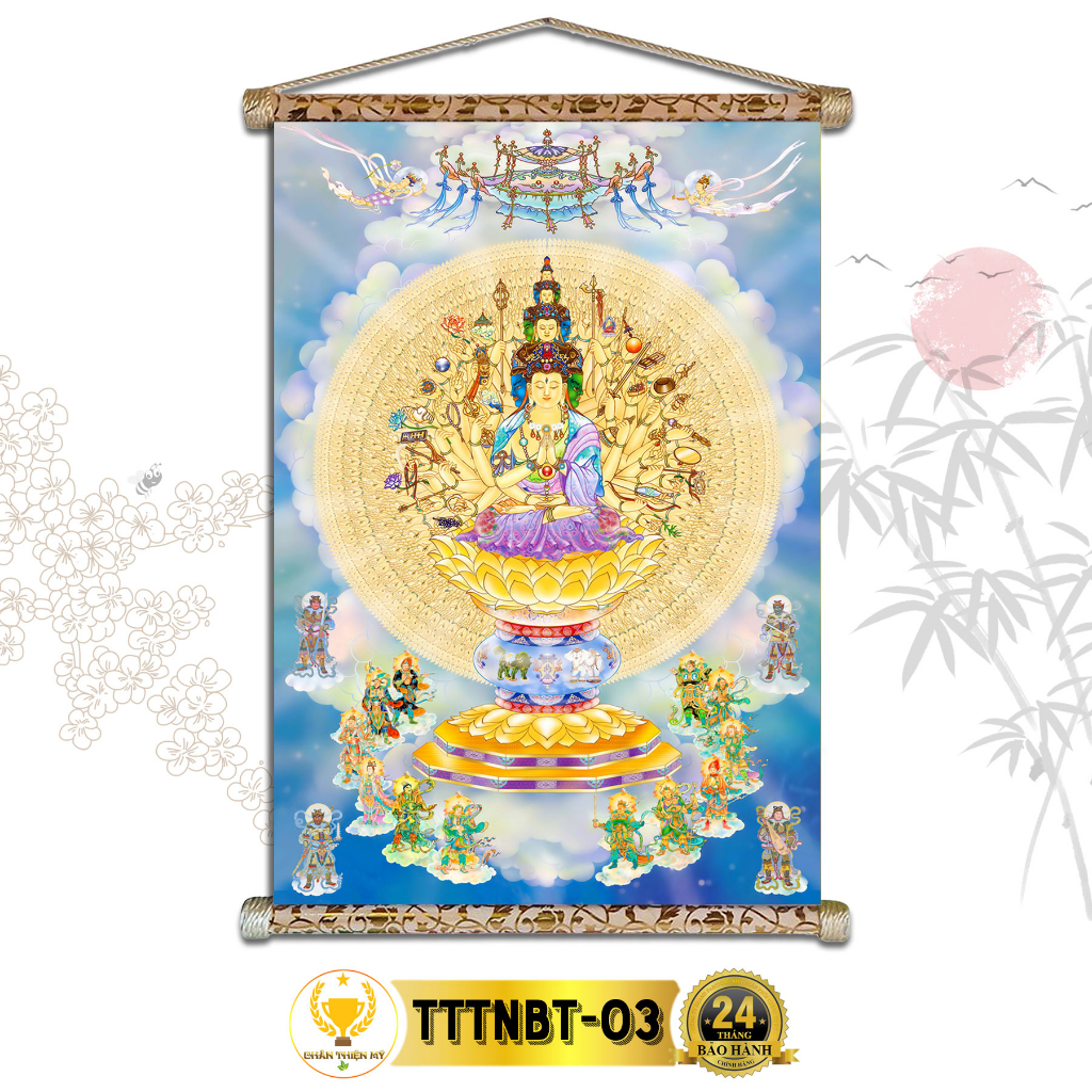 Tranh Phật Treo Tường Thiên Thủ Thiên Nhãn Bồ Tát CHÂN THIỆN MỸ, Chất Liệu Vải Lụa Kim Sa Khung Gỗ 40x60cm TTTNBT-03