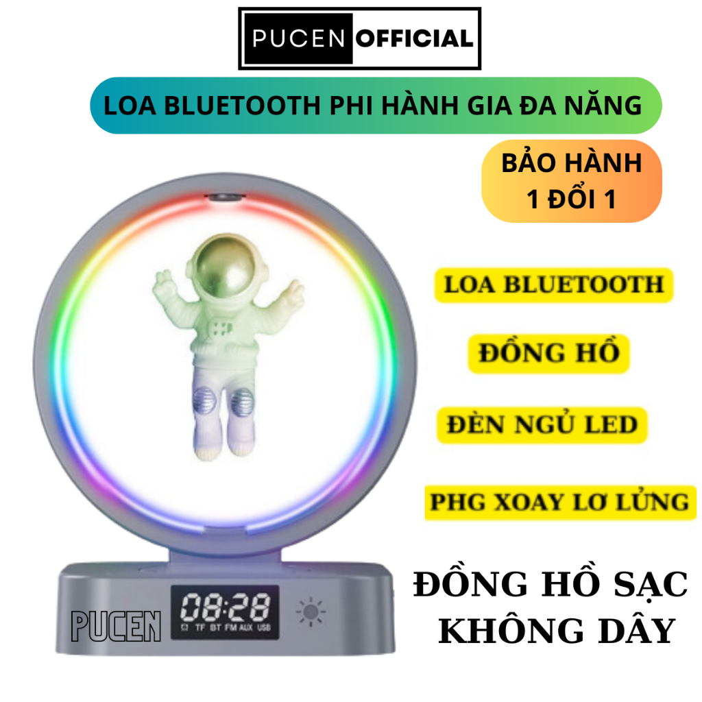 Loa bluetooth Phi hành gia đa năng kiêm Sạc không dây, Đồng hồ, Đèn led nghe nhạc dercor cho mọi không gian PUCEN