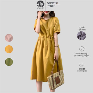 Đầm Đũi suông ngắn tay kèm dây rút eo, cổ bèo nhăn , chát Đũi mềm nhiều màu lựa chọn Đũi Việt