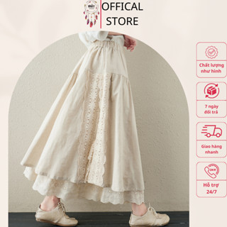 Chân váy Mori thô linen pha ren MÓT BOHO vintage, cổ điển