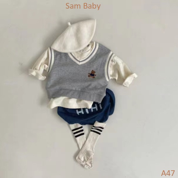 Áo gile len thêu gấu ngực kiểu học sinh HQ cho bé-Sam Baby-A47