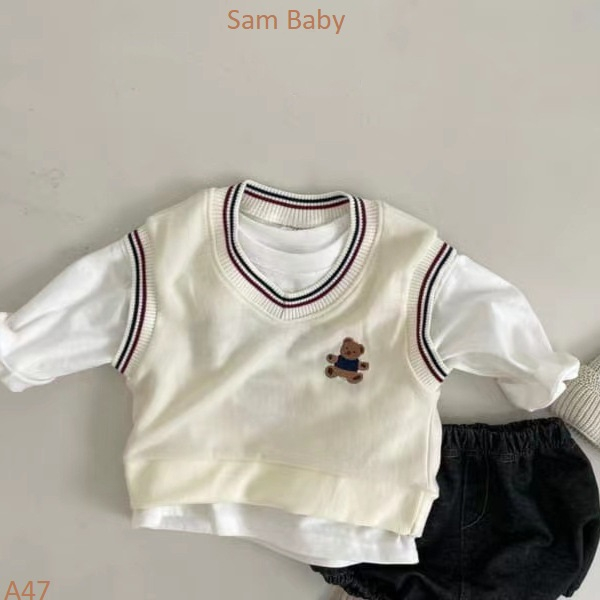 Áo gile len thêu gấu ngực kiểu học sinh HQ cho bé-Sam Baby-A47