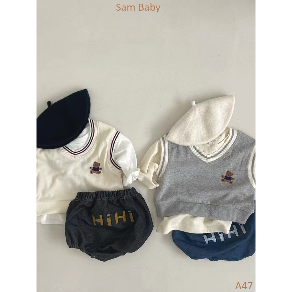 Áo gile len thêu gấu ngực kiểu học sinh HQ cho bé-Sam Baby-A47