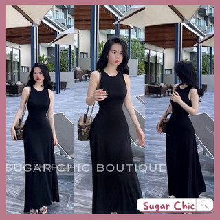 Đầm ba lỗ maxi dài, váy qua gối sang chảnh tôn dáng thun gân màu đen kiểu hàn quốc, đầm sát nách maxi đi biển