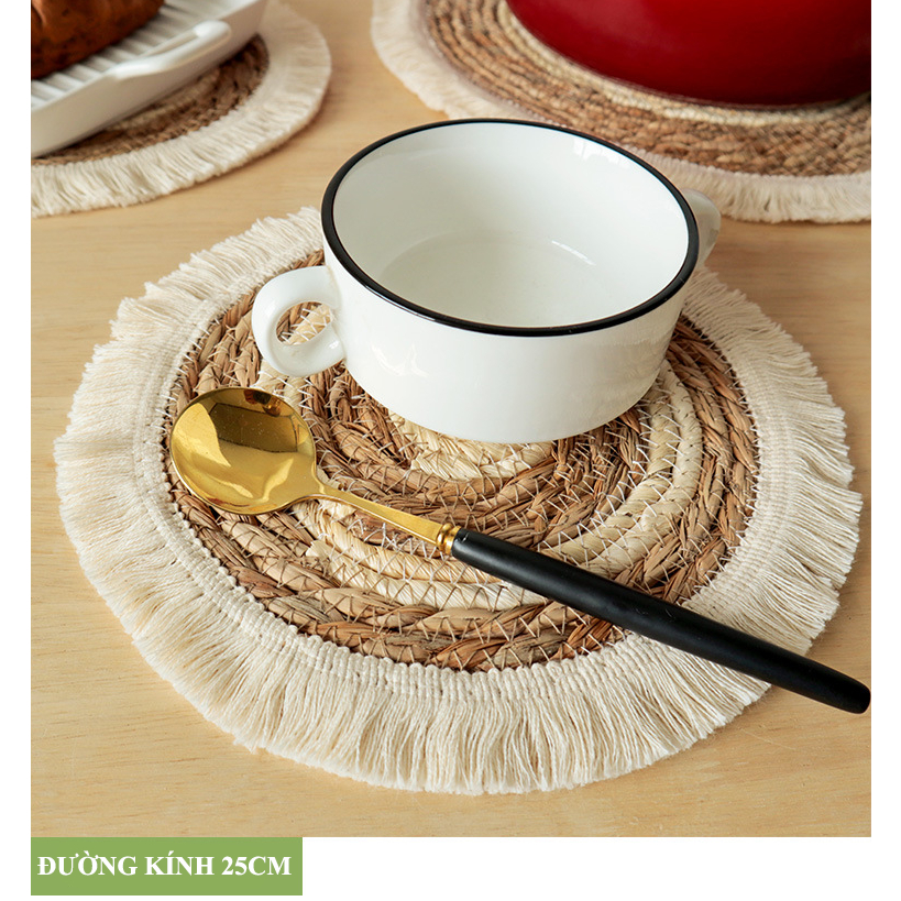Đế Lót Nồi Cách Nhiệt Hình Tròn Bằng Vải Dệt Kết Hợp Mây Đan Phong Cách Vintage