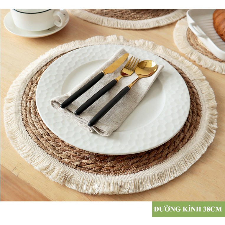 Đế Lót Nồi Cách Nhiệt Hình Tròn Bằng Vải Dệt Kết Hợp Mây Đan Phong Cách Vintage