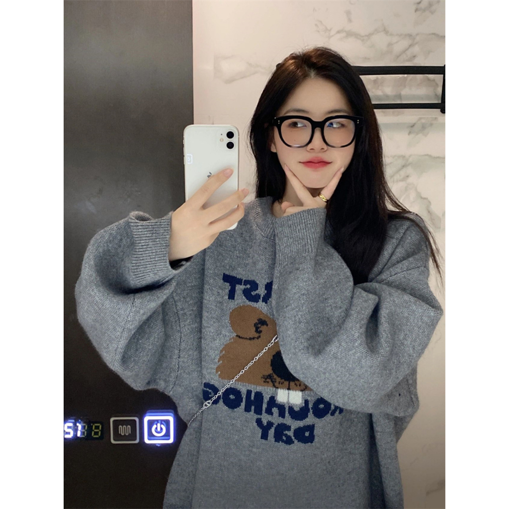 Áo len nữ dài tay thêu gấu cá tính, áo sweater nữ dệt kim form rộng phong cách hàn quốc 6774