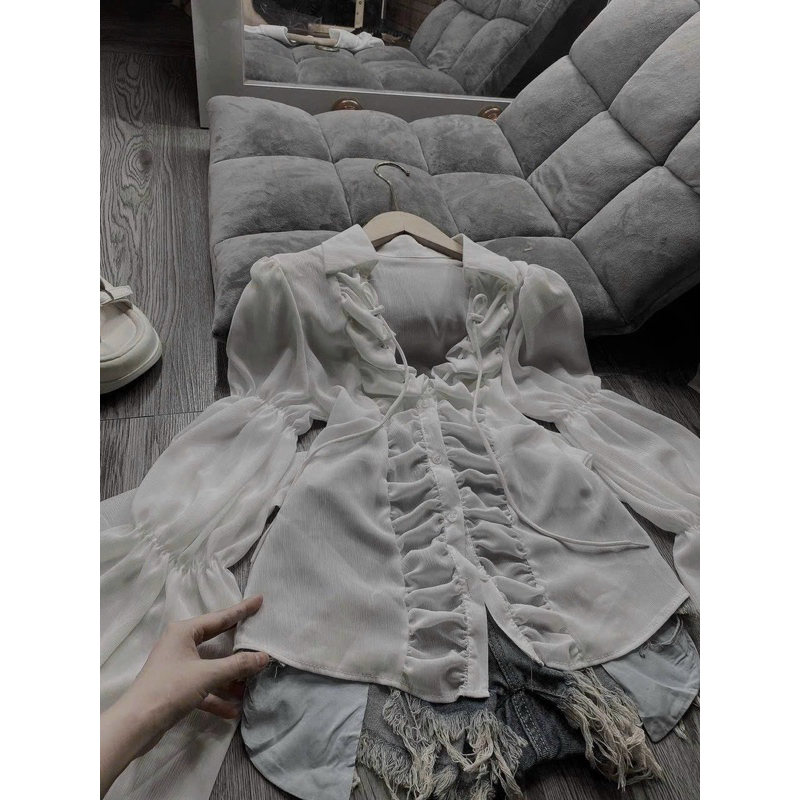 Áo sơmi nhún tay loe voan tơ