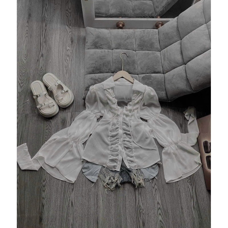 Áo sơmi nhún tay loe voan tơ