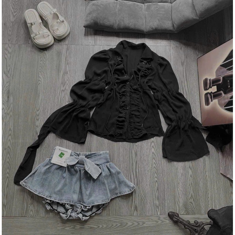 Áo sơmi nhún tay loe voan tơ