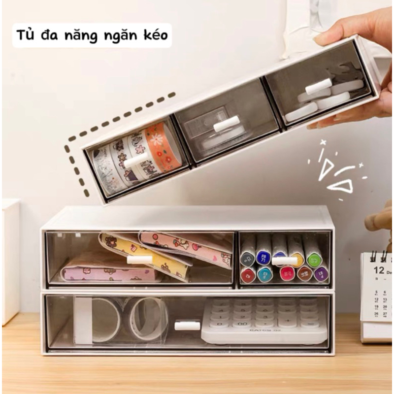 Tủ mini để bàn, ngăn kéo để bàn trong suốt, kệ mini để bàn, kệ đựng bút decor bàn học, Hộp Đựng Sticker chia ngăn