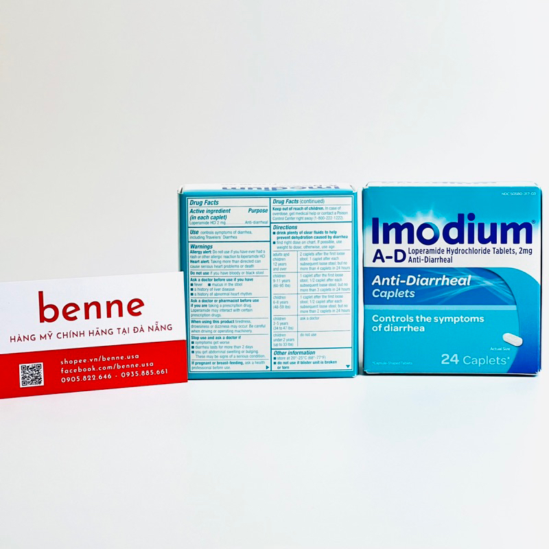 Viên uống giảm tiêu chảy Imodium A-D Diarrhea Relief Caplets, Loperamide Hydrochloride 24 viên của Mỹ