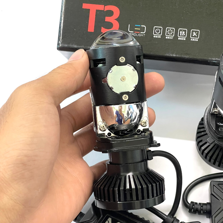 Đèn Pha LED Bi Cầu Mini H4 T3 Mẫu 2022 Kính Tím Lắp Ô tô, Xe Máy