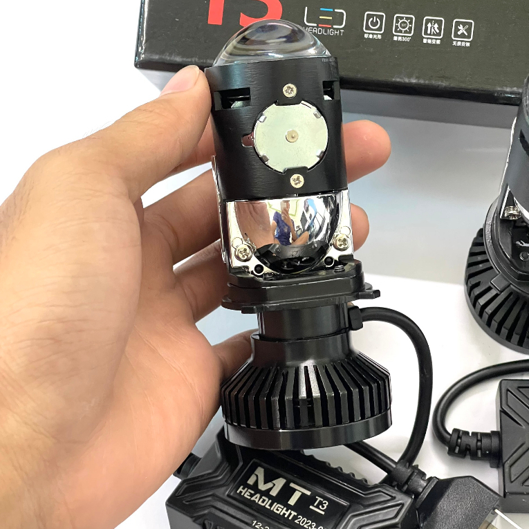 Đèn Pha LED Bi Cầu Mini H4 T3 Mẫu 2022 Kính Tím Lắp Ô tô, Xe Máy