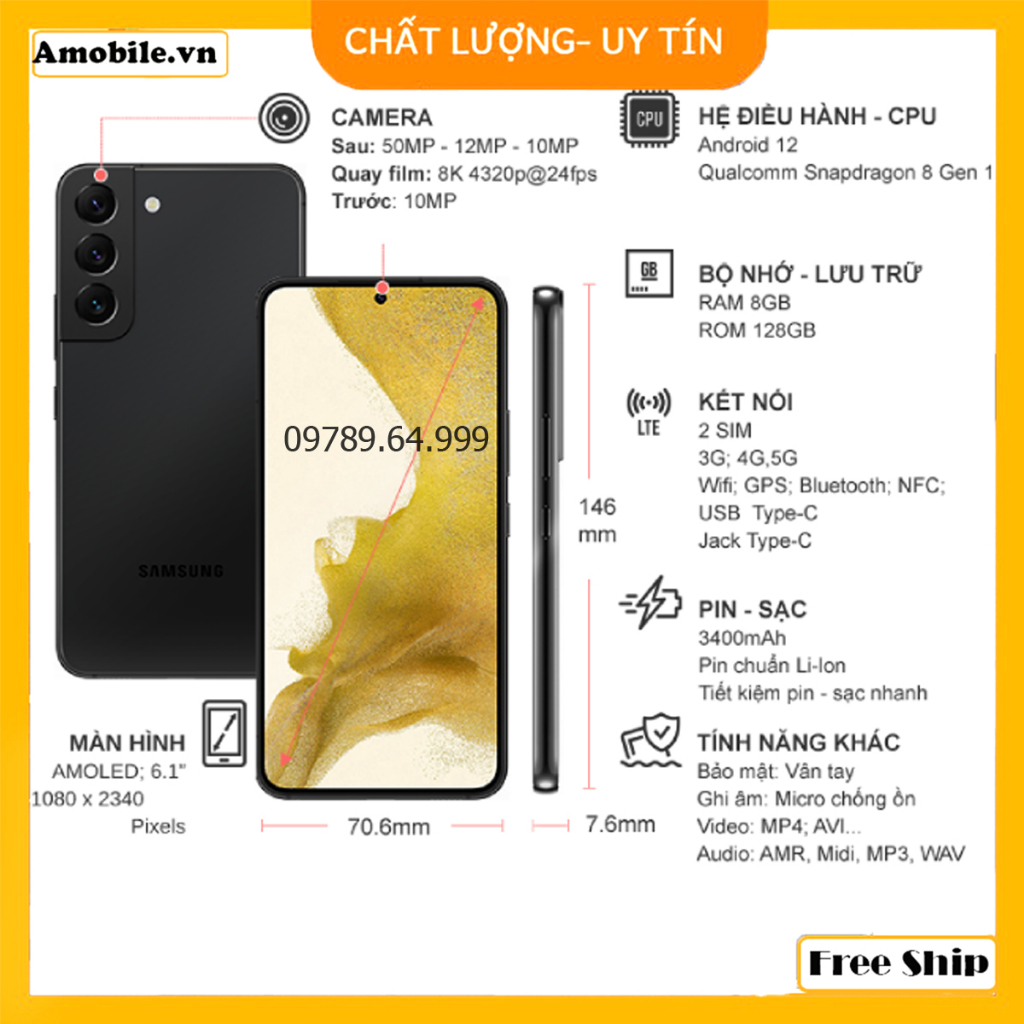 Điện Thoại Samsung S22 5G/ Galaxy S22 Plus 5G 2 sim Chip Snapdragon 8Gen1/ Ram8Gb,Room128Gb Pin 4500mAh tại Amobile.vn